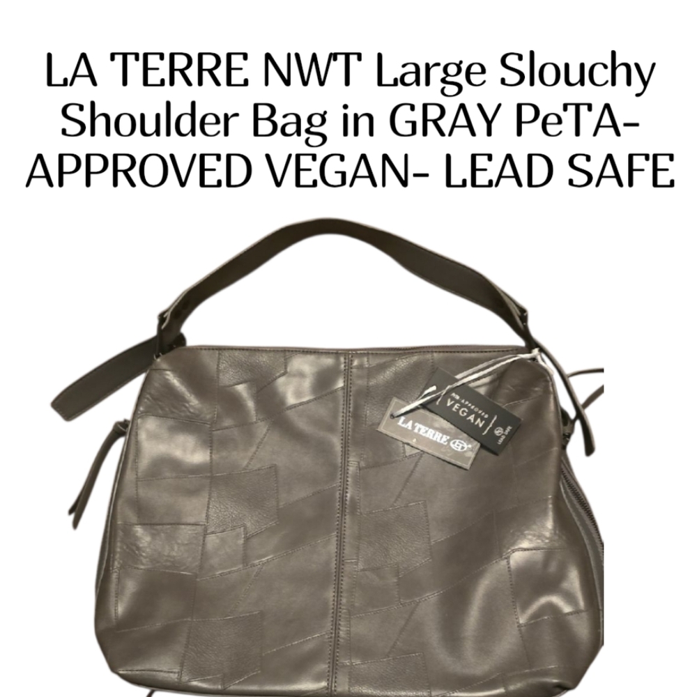 La Terre Gray Vegan Leather slouchy Shoulder Bag Nwt Large Size